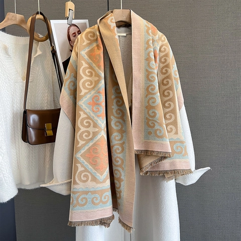 Sciarpa In Imitazione Cashmere Con Motivo Geometrico Scialle Vintage Etnico Con Nappa Grande Avvolgimento Invernale Caldo Per Donna Jacquard Spesso