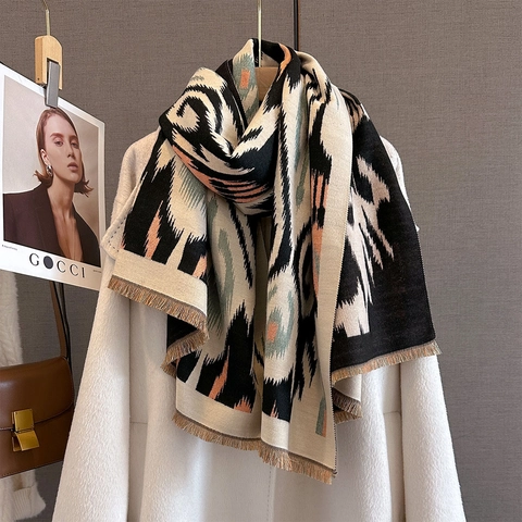 Écharpe Châle D'Hiver Imitation Cachemire Épais Chaud Imprimé Géométrique Ethnique Glands Accessoire De Mode Pour Femmes