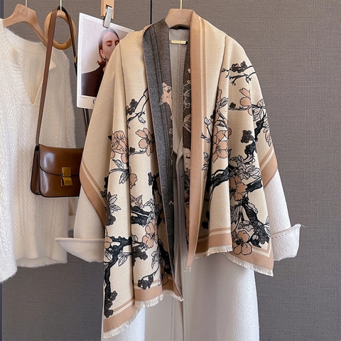 Sciarpa In Finta Cashmere Con Stampa Floreale Scialle Morbido E Caldo Con Nappine Stile Vintage Invernale Da Donna Accessorio