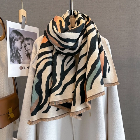 Sciarpa Scialle Stampa Zebra Imitazione Cashmere Morbido Caldo Avvolgente Invernale Con Nappe Motivo Animale Per Donne