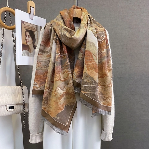 Vintage Deer Jacquard Shawl Scarf For Women Elegant Imitation Cashmere Tassel Wrap Fall Winter Warm Artistic Landscape Print Scarf