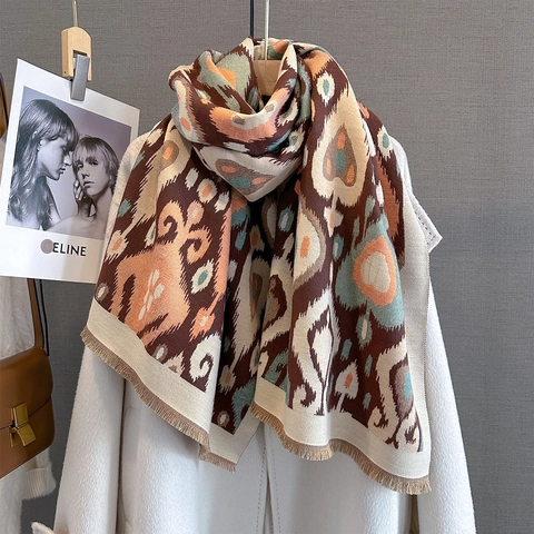 Women Retro Color Block Heart Geometric Pattern Scarf Imitation Cashmere Winter Warm Shawl With Tassels Boho Ethnic Style Wraps