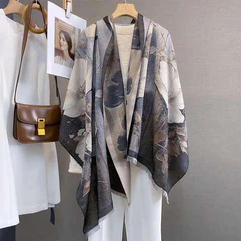 Vintage Floral Jacquard Imitation Cashmere Large Shawl Scarf For Women Warm Winter Wrap With Tassels Elegant Versatile Fashion Pashmina