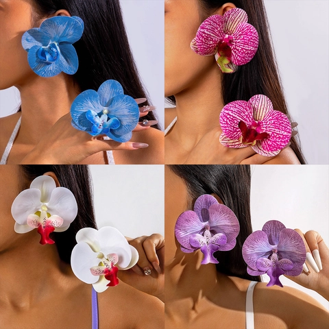 Übergroße Simulation Stoff Orchidee Blume Ohrringe Und Ring Böhmische Tropische Urlaub Stil Florale Schmuck Für Frauen
