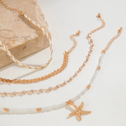 Bohemian Fußkettchen Legierung Strass Seestern Muschel Anhänger Perlen Geflochtenes Seil Mehrlagiger Goldschmuck Frauen