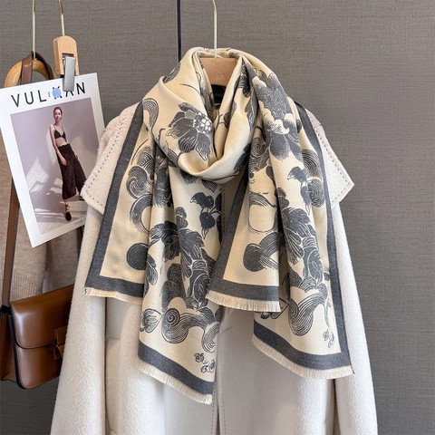 Pfingstrosen Druck Schal Stola Kaschmirimitat Dick Warm Winter Damen Vintage Blumenmuster Fransen Eleganter Wickel