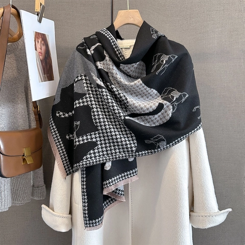 Sciarpa Scialle Stampa Cavallo Retrò Pied De Poule Imitazione Cashmere Ispessita Calda Nappa Frange Inverno Autunno