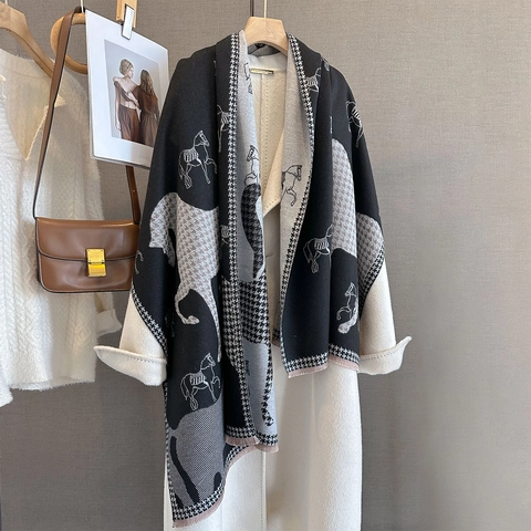 Sciarpa Scialle Stampa Cavallo Retrò Pied De Poule Imitazione Cashmere Ispessita Calda Nappa Frange Inverno Autunno