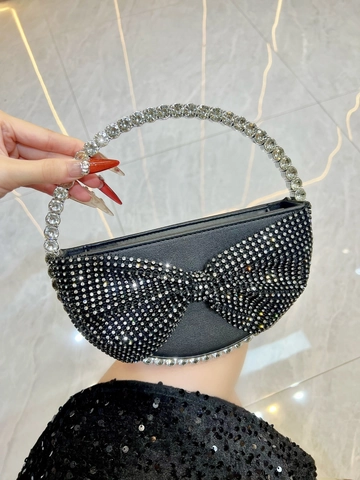 Rhinestone Bow Evening Bag Luxury PU Leather Shiny Handbag With Ring Handle And Detachable Chain For Wedding Party Banquet