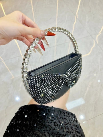 Rhinestone Bow Evening Bag Luxury PU Leather Shiny Handbag With Ring Handle And Detachable Chain For Wedding Party Banquet