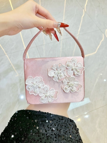 Satin Evening Bag With Lace Flowers And Artificial Pearl Decoration Women Wedding Party Small Handbag Detachable Metal Chain Strap