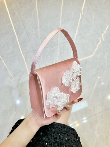 Satin Evening Bag With Lace Flowers And Artificial Pearl Decoration Women Wedding Party Small Handbag Detachable Metal Chain Strap