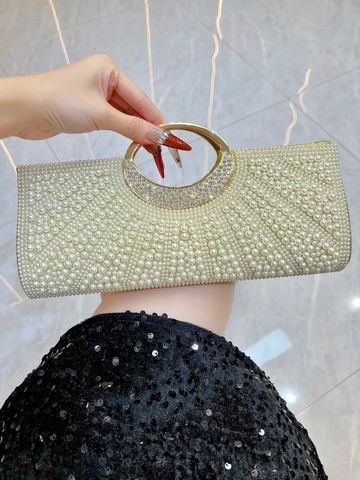 Luxury Artificial Pearl Rhinestone Evening Clutch Bag Elegant Wedding Party Handbag With Metal Ring Handle And Detachable Chain