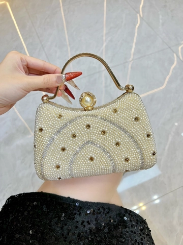 Artificial Pearl Rhinestone Evening Clutch Bag Alloy Metal Handle Elegant Handbag Crossbody Purse For Wedding Party Banquet