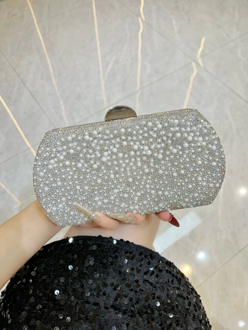 Evening Clutch Bag Faux Artificial Pearl Rhinestone Hard Shell Luxury Wedding Party Handbag With Detachable Chain Strap For Women