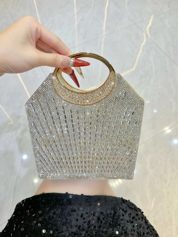 Rhinestone Evening Bag Luxury Sparkly Clutch With Round Metal Handle Detachable Chain For Wedding Party Banquet Women
