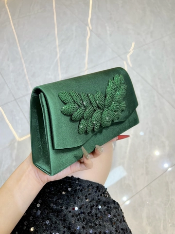 Vintage Satin Evening Clutch Bag Women Rhinestone Leaf Pattern Banquet Party Handbag With Detachable Chain Shoulder Strap