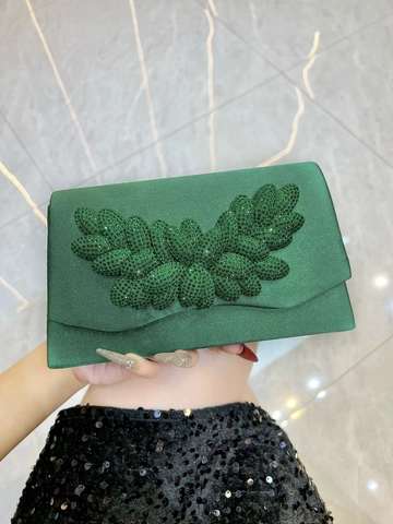 Vintage Satin Evening Clutch Bag Women Rhinestone Leaf Pattern Banquet Party Handbag With Detachable Chain Shoulder Strap