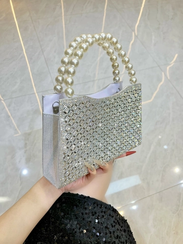 Lussuosa Borsa da Sera con Strass e Manico in Finta Perla Artificial Elegante Pochette da Cerimonia per Matrimoni con Catena