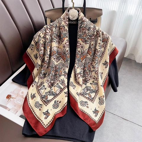 Vintage Floral Print Square Scarf Large Satiny Polyester Shawl For Women Sun Protection Lightweight Fashion Accessories