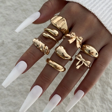 Vintage Alloy Irregular Geometric Bow Open Rings For Women Exaggerated Metallic Texture Multi-Piece Fashion Finger Rings