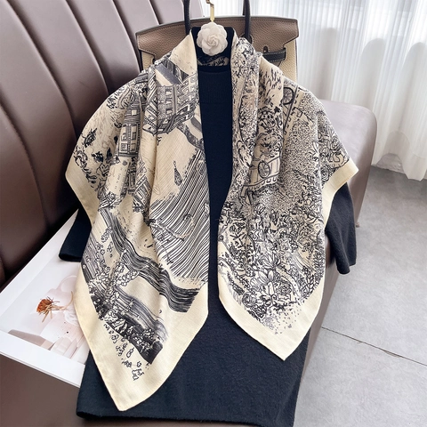 Großer Quadratischer Schal Damen Polyester Seidig Vintage Architektur Druck Mode Wickeltuch Kopftuch