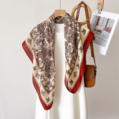 Vintage Floral Print Square Scarf Large Satiny Polyester Shawl For Women Sun Protection Lightweight Fashion Accessories