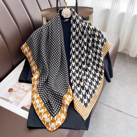 Damen Viereckiges Halstuch Mit Hahnentrittmuster Seidig Polyester Schal Bedruckt Mode Elegant Sonnenschutz Haarband Retro