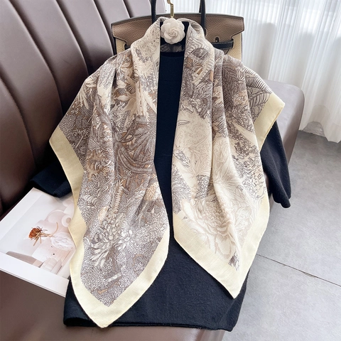 Damen Großer Quadratischer Schal Polyester Satinnsatin Tropischer Dschungel Retro Architektur Druck Sommer Sonnenschutz Mode Tuch