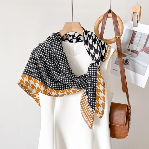 Damen Viereckiges Halstuch Mit Hahnentrittmuster Seidig Polyester Schal Bedruckt Mode Elegant Sonnenschutz Haarband Retro