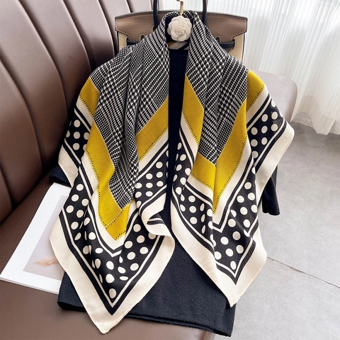 Grande Sciarpa Quadrata Da Donna Effetto Raso Poliestere Pied De Poule Pois Stampa Geometrica Scialle Moda Protezione Solare