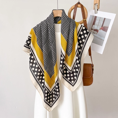 Grande Sciarpa Quadrata Da Donna Effetto Raso Poliestere Pied De Poule Pois Stampa Geometrica Scialle Moda Protezione Solare