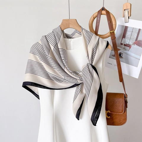 Femme Grand Carré Écharpe Géométrique Ligne Impression Élégant Polyester Satin Comme Mince Coupe Vent Solaire Tête Cou Foulard