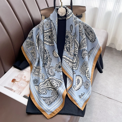 Elegante Pañuelo Cuadrado Con Estampado De Cachemira Poliéster Tacto Satén Gran Chal De Cuello Suave Y Ligero Moda Retro Para Mujer