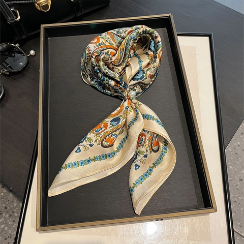Mulberry Satin Square Scarf Paisley Floral Print Neck Scarf Vintage Elegant Professional Accessory For Women
