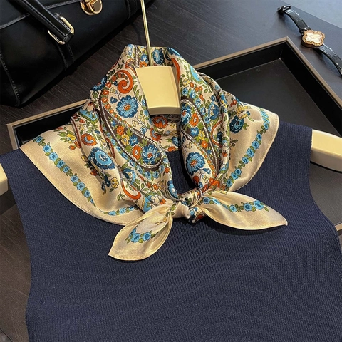 Mulberry Satin Square Scarf Paisley Floral Print Neck Scarf Vintage Elegant Professional Accessory For Women