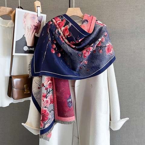 Damen Vintage Pflaumenblütenmuster Imitat Kaschmir Schal Dick Warm Winter Stola Mit Fransen Elegant Einwickeln