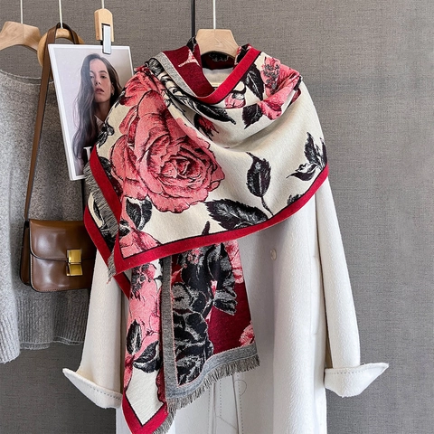 Women Scarf Shawl Imitation Cashmere Floral Rose Print Tassel Warm Autumn Winter Versatile Elegant Long Wrap
