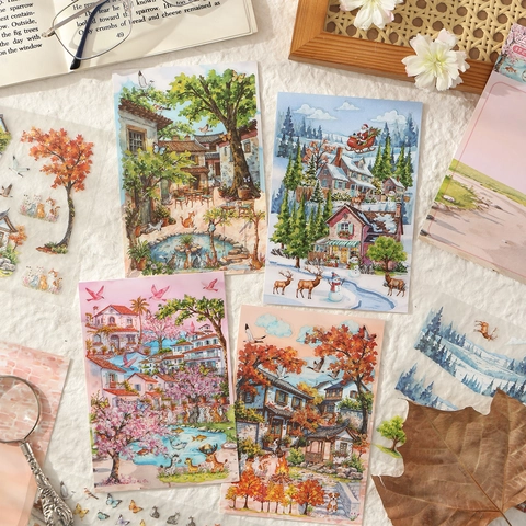 Adesivi Scrapbooking Paesaggio Opaco PET Impermeabile Decorazione Scenica Architettonica Fai Da Te Diari Temi Stagionali Paesaggio Trasparente