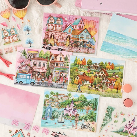 Malerische Scrapbook Aufkleber PET Matt Wasserdicht Handgemalte Illustration DIY Journaling Dekoration Ästhetische Dekokarte
