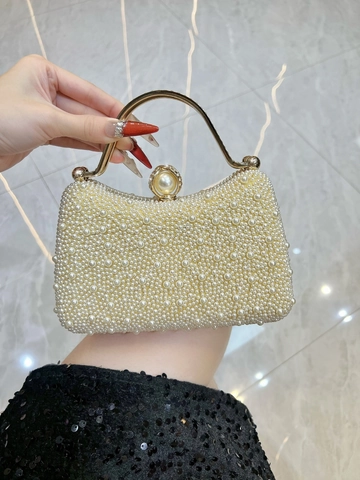 Elegant Artificial Pearl Evening Bag Luxury Rhinestone Clutch Handbag With Metal Top And Detachable Chain Strap