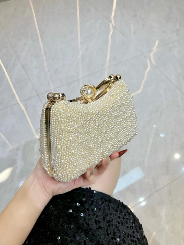 Elegant Artificial Pearl Evening Bag Luxury Rhinestone Clutch Handbag With Metal Top And Detachable Chain Strap