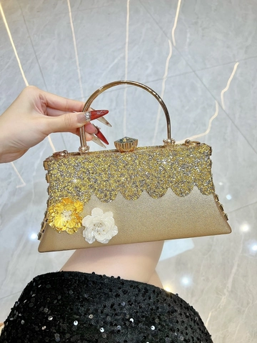 Evening Clutch Bag PU Leather Rhinestone 3D Flower Decor Metal Round Handle Detachable Chain Wedding Party For Women