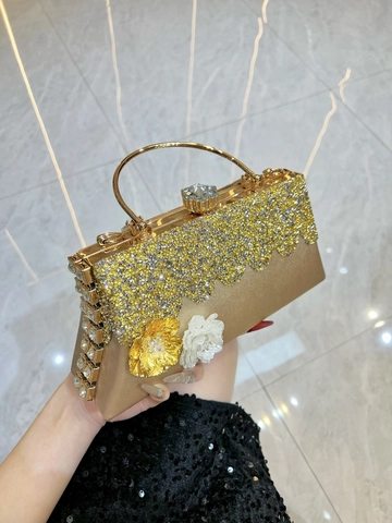 Evening Clutch Bag PU Leather Rhinestone 3D Flower Decor Metal Round Handle Detachable Chain Wedding Party For Women