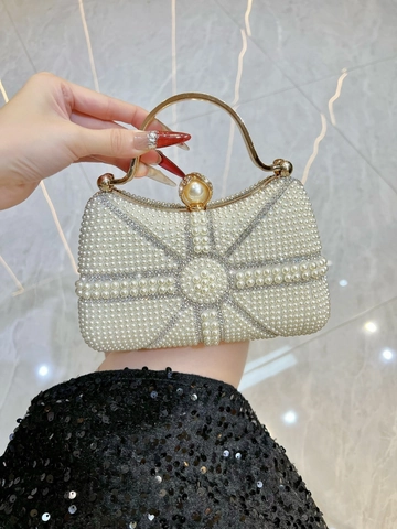 Elegant Faux Pearl Rhinestone Evening Bag Geometric Beaded Clutch With Metal Handle And Chain For Women Wedding Banquet Party Luxury Handbag