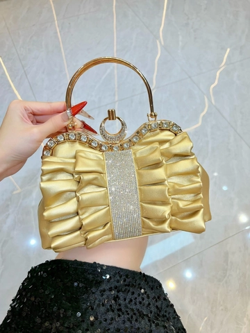 Luxury Pleated Evening Bag For Women Rhinestone Embellished Elegant Banquet Handbag With Circular Metal Handle Clutch Purse