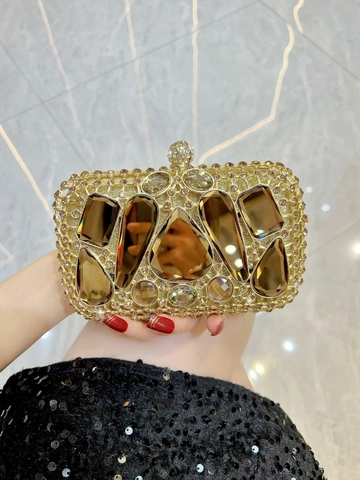 Bolso de Noche de Lujo con Strass para Mujer Cartera de Mano de Cristal de Aleación Oro Con Correa de Cadena para Boda Fiesta