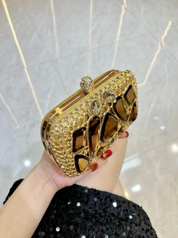 Bolso de Noche de Lujo con Strass para Mujer Cartera de Mano de Cristal de Aleación Oro Con Correa de Cadena para Boda Fiesta