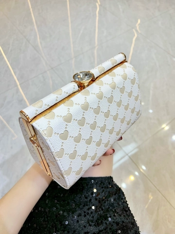 Lussuosa Pochette da Sera da Donna Motivo a Cuore a Scatola Chiusura con Strass Borsa in Pelle PU Catena Matrimonio Festa