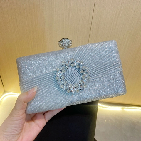 Pochette Da Sera Di Lusso Con Poliestere Glitterato E Fibbia In Strass Per Matrimonio Festa Borsa A Mano Rigida Pieghettata Con Tracolla A Catena